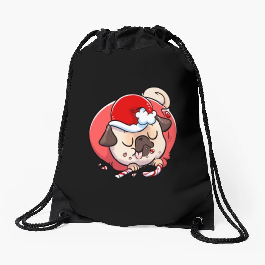 Pug Elf Candy Cane Drawstring Bags