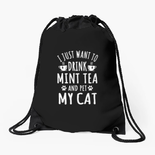 Funny Mint Tea Lover And Cat Owner Drawstring Bags