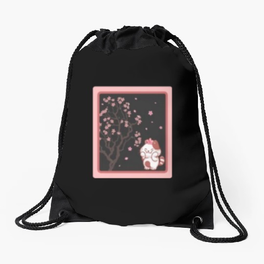 Cherry Blossom Drawstring Bags, Kawaii Cat Cherry Blossom