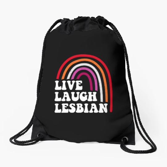 Live Laugh Lesbian Rainbow Drawstring Bags
