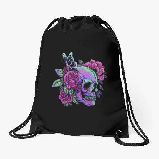 Skeleton Drawstring Bags, Neon Skull Roses Gothic Skeleton