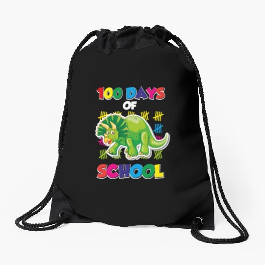 100 days of school green triceratops Drawstring Bags
