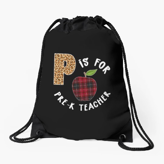 P Is For Pre K Teacher Leopard Buffalo Plaid T Drawstring Bags