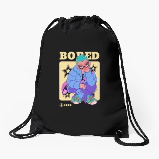 Black Cream Blue Y2K Anime Illustrated Bored Drawstring Bags