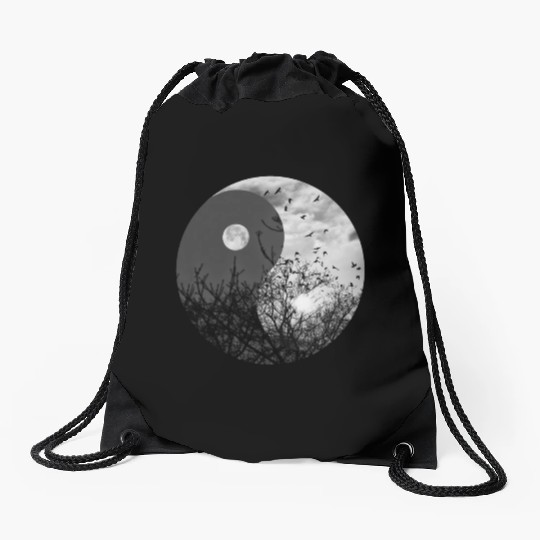 Yin and Yang of Moon and Sun in Black and White Drawstring Bags