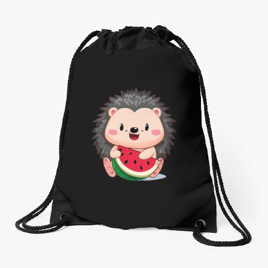 Happy hedgehog enjoys watermelon Drawstring Bags
