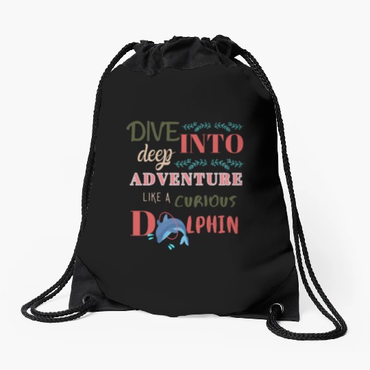 Curious Dolphin: Diving into the Deep Adventure Drawstring Bags