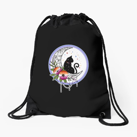 Galaxy Cat and Flowers in Lesbian Flag Colors Drawstring Bags