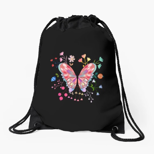 Butterfly flower pink insect bug floral nature Drawstring Bags