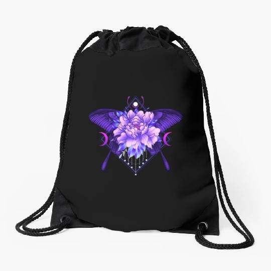 Peony Butterfly geometric tattoo Drawstring Bags