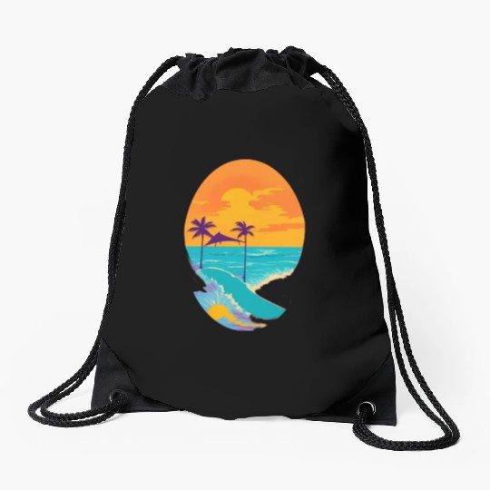 Golden Horizon: Serene Sunset & Surfing Paradise Drawstring Bags