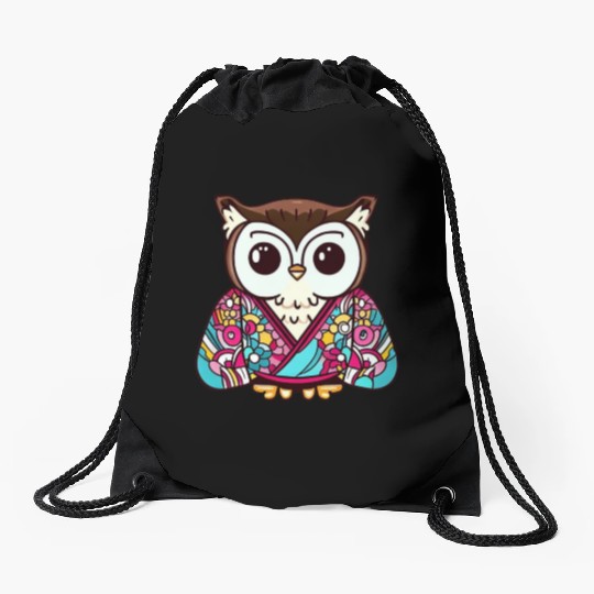 Japanese Kimono owl Drawstring Bags