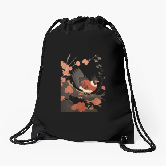 The Bird on the Cherry Blossom Tree Drawstring Bags