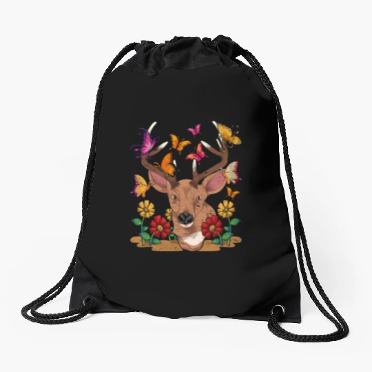Flowers forest animal gift butterfly deer Drawstring Bags