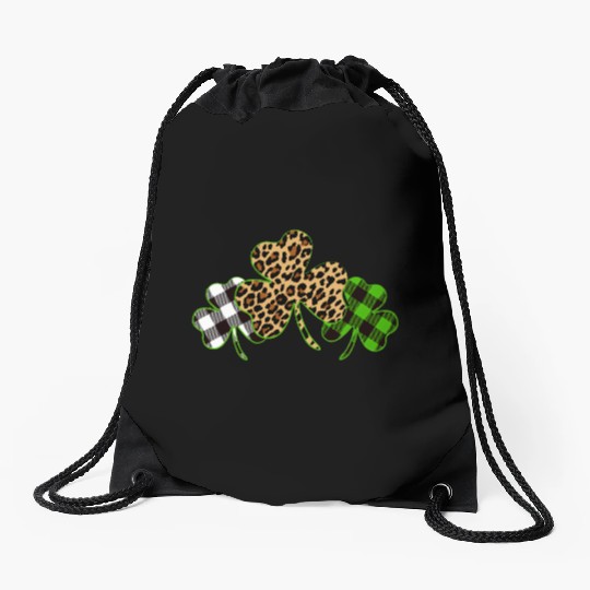 St Patricks Day Leopard Print Plaid Shamrock Drawstring Bags