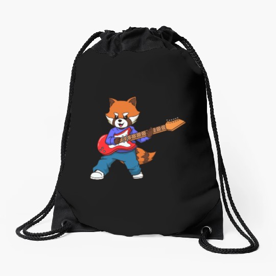 Comic Red Panda Playing Electric Guitar Drawstring Bags