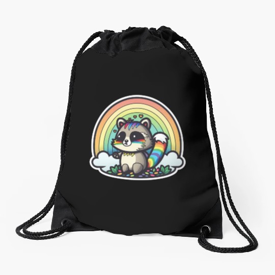 Weird Rainbow Raccoon Drawstring Bags