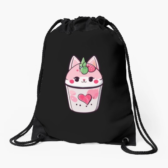 Cat Strawberry Milk Shake Kawaii Drawstring Bags