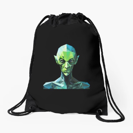 Green Alien in Polygon Style Drawstring Bags