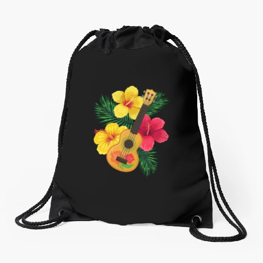 Hawaii Ukulele and Hibiscus Flowers Summer Drawstring Bags