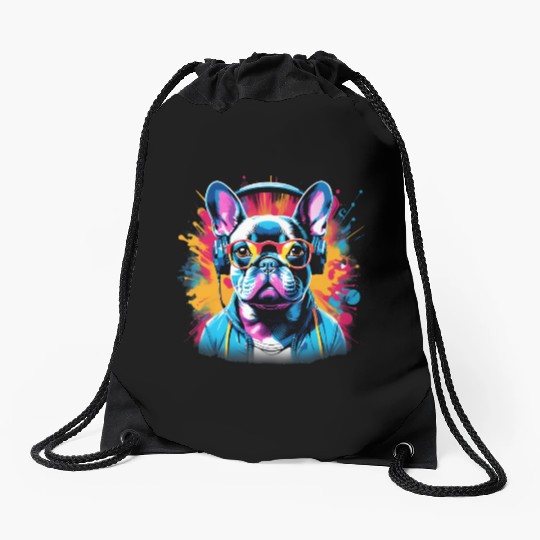 Vibrant Canine Graffiti: A Walk Over the Rainbow Drawstring Bags