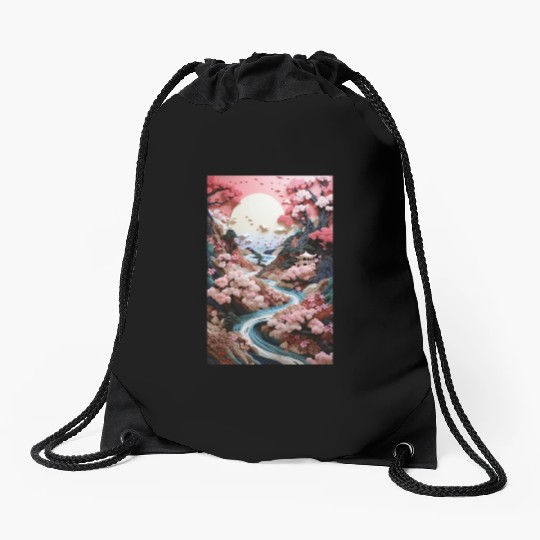 Mosaic Zen Garden River - Cherry Blossom Drawstring Bags