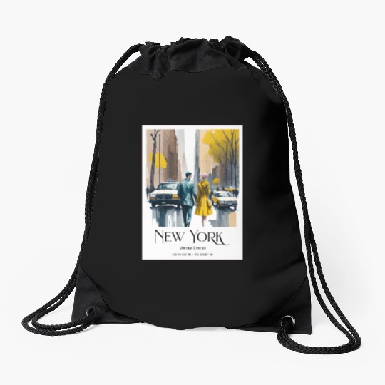 Watercolor painting loving couple in New York City Drawstring Bags