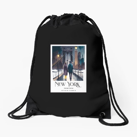 Watercolor painting loving couple in New York City Drawstring Bags