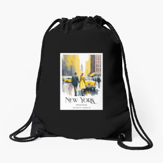 Watercolor painting loving couple in New York City Drawstring Bags