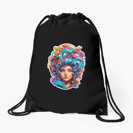 Psychedelic girl with multi color hair. futuristic Drawstring Bags