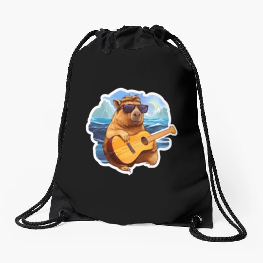 Capybara Playing Guitar Drawstring Bags
