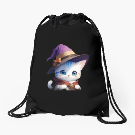 Cute Watercolor Witch Cat Drawstring Bags