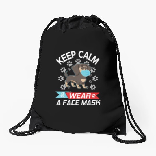 Dachshund Dog With Face Mask Keep Calm And Wear A Drawstring Bags
