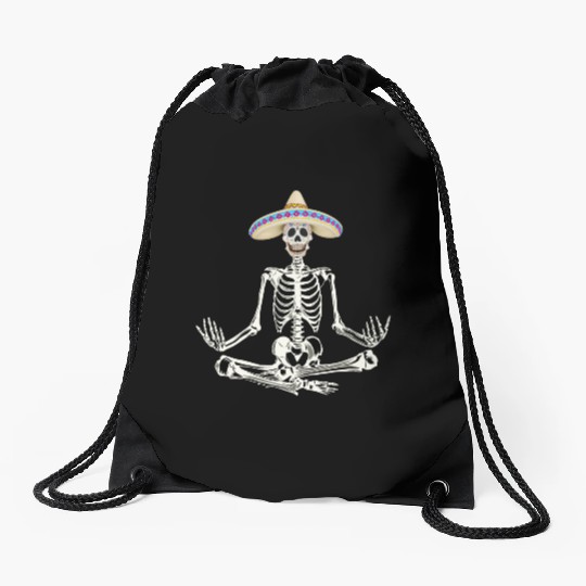 Yoga Skeleton Wearing Sombrero Drawstring Bags