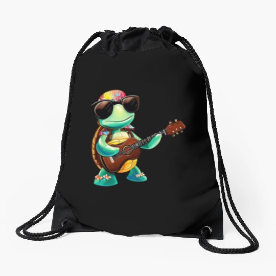 Tropical turtle with guitar Drawstring Bags