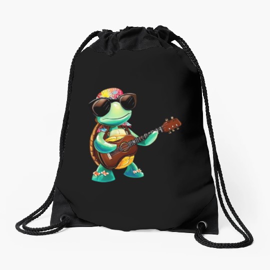 Tropical turtle with guitar Drawstring Bags