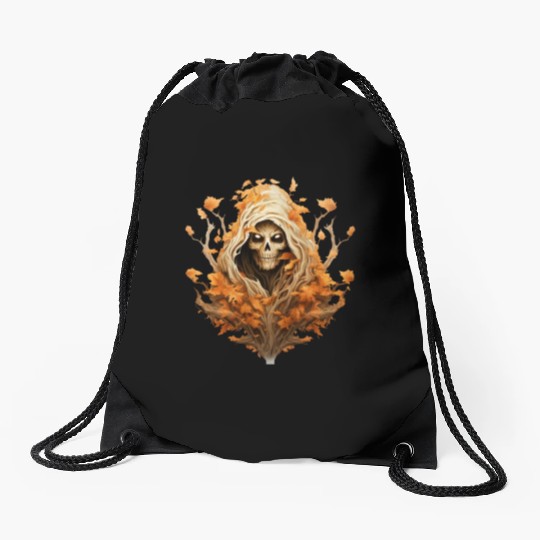 Halloween Autumn with Skull Tree and Grim Reaper Drawstring Bags