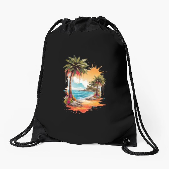 Tropical Tranquility: Beach Splash Art Drawstring Bags