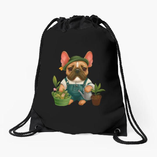 Frenchie The Gardener Drawing Drawstring Bags