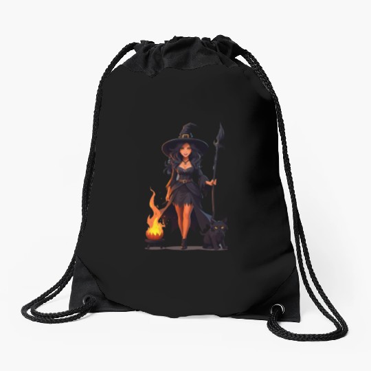 The evil witch and her black cat Drawstring Bags