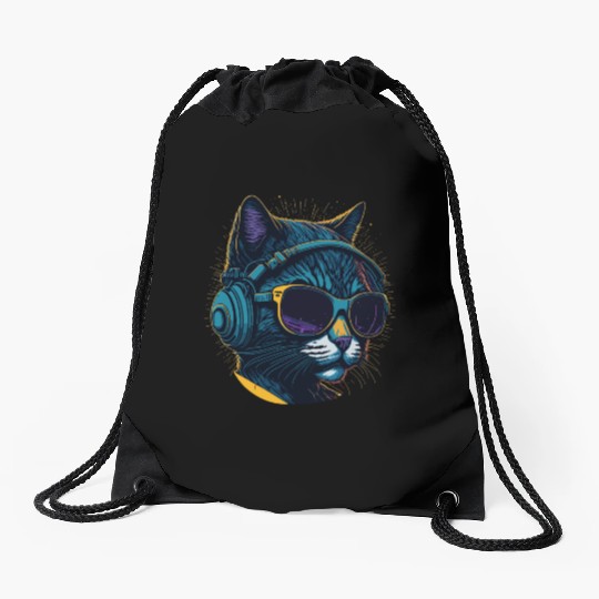 Cool Sunglasses Headphone Galaxy Cat Drawstring Bags