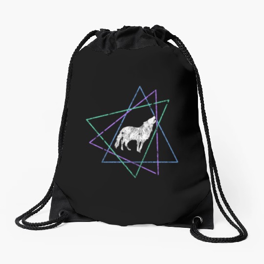 Geometric Howling Wolf Drawstring Bags