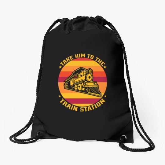 take him to the train station Drawstring Bags