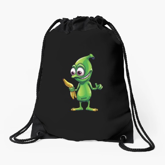Green Alien meets Funny Banana Drawstring Bags