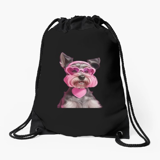 Miniature Schnauzer Wearing Pink Heart Collar Drawstring Bags