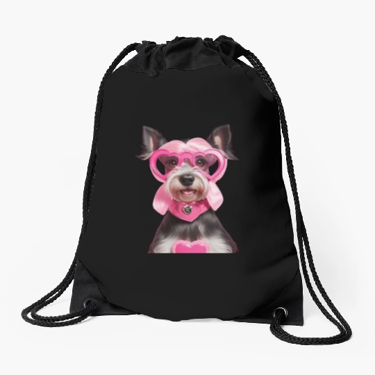 Schnauzer wearing Pink & Silver Heart Drawstring Bags
