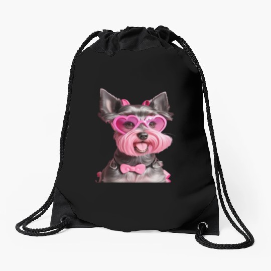 Schnauzer Wearing Pink Bow Tie Drawstring Bags