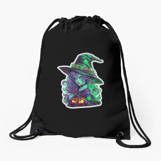 Wicked Witch Halloween Sticker, neon color Drawstring Bags