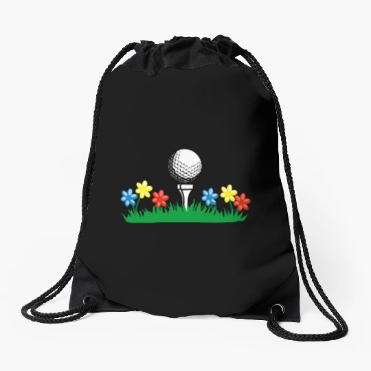 Golf ball on grass field with flowers Drawstring Bags