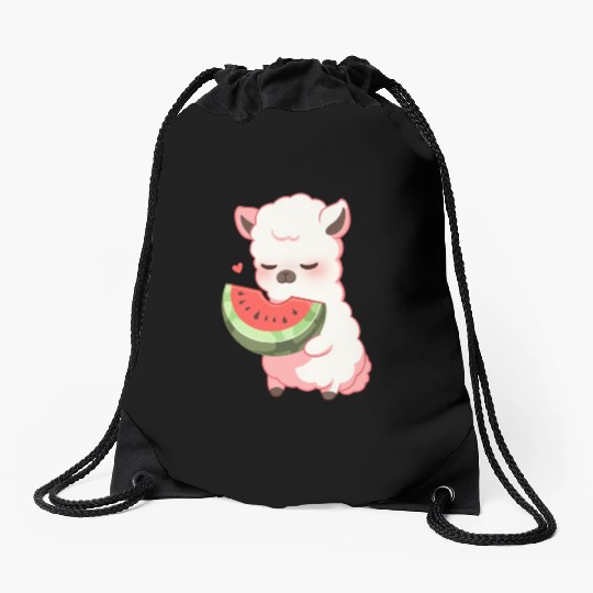 Adorable Kawaii Llama Savoring Sweet Watermelon Drawstring Bags